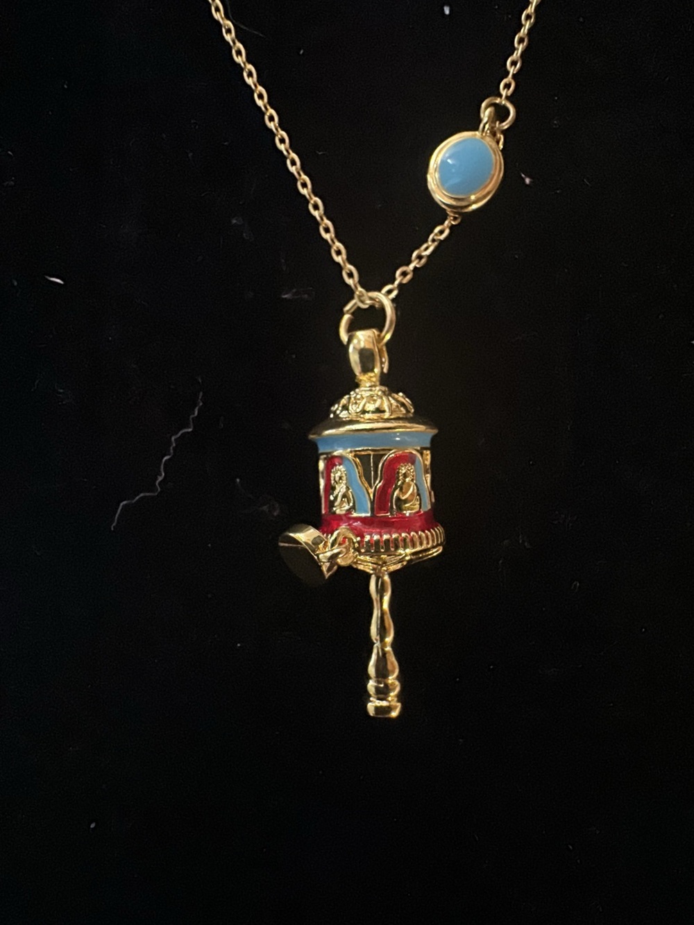 Gold-Tone Red & Blue Prayer Wheel Pendant Necklace